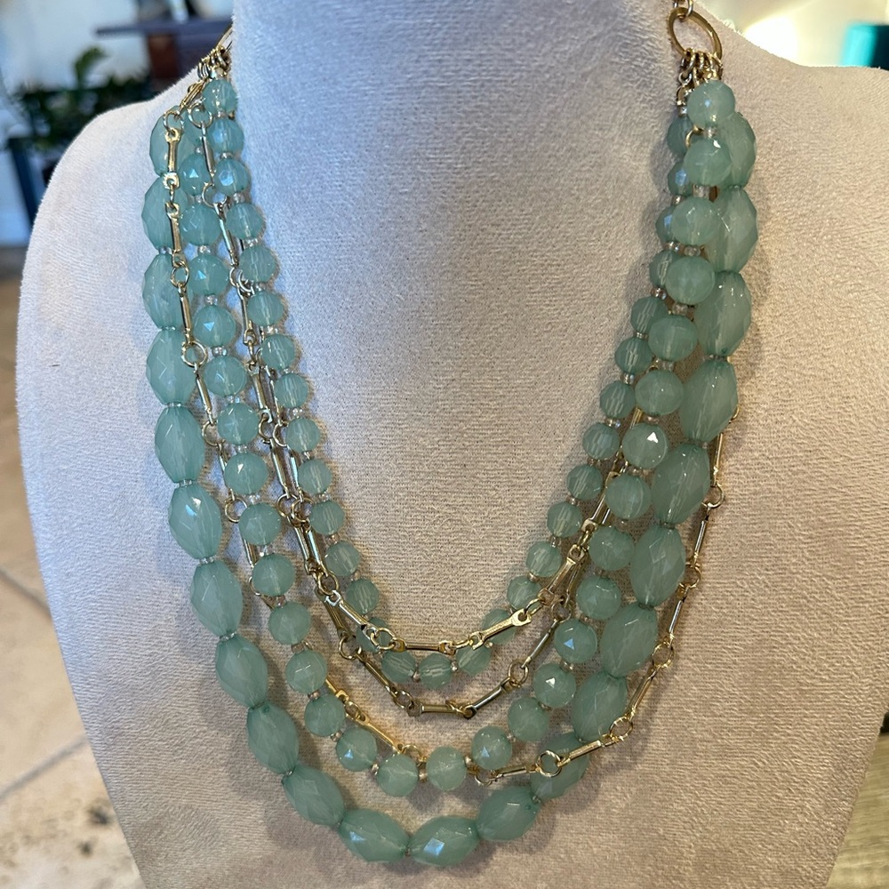 Elegant Multi-Strand Green Beaded Necklace gold tone six row